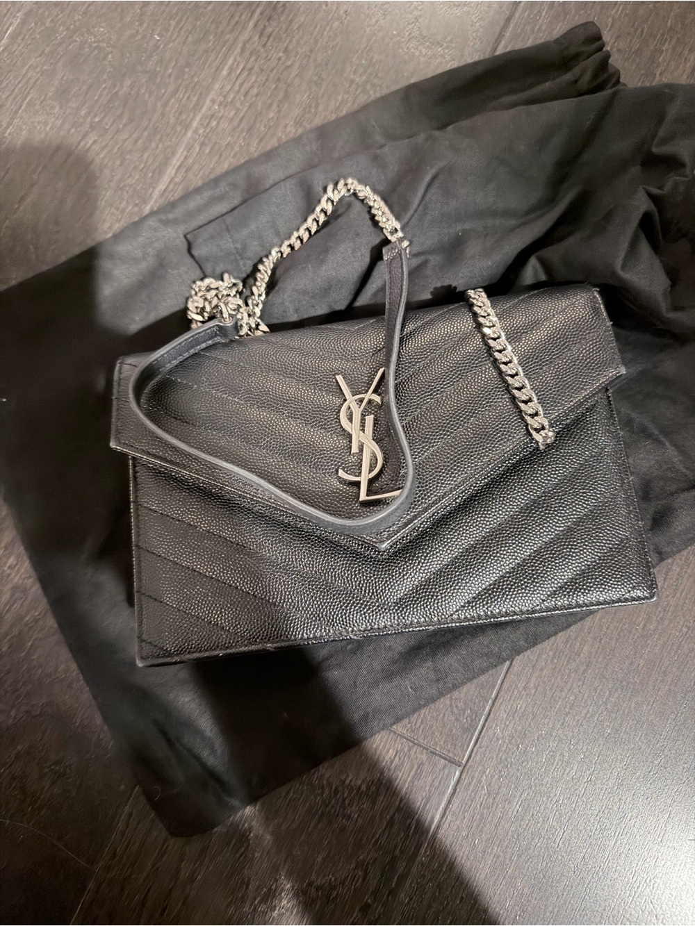 Saint Laurent Black Quilted Envelope Crossbody with Silver Chain - Picture 4 of 6